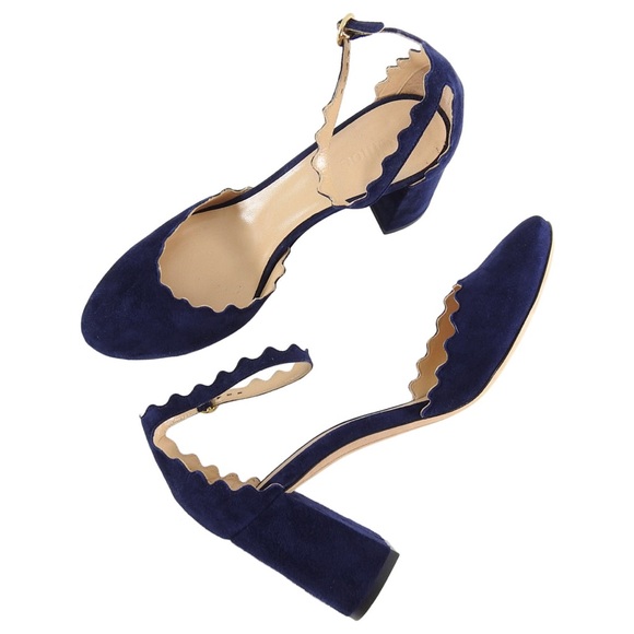 Chloé | Women's Navy Lauren Scalloped Suede D'orsay Block Heel Pumps - Picture 4 of 9